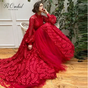 PEORCHID Nauja Raudona Keltas Suknelės ilgomis Rankovėmis, Aukštu Kaklu Elegantiškas 2022 Tiulio Linija Moterims Šalis Suknelė Vestuvių Vakare Gown