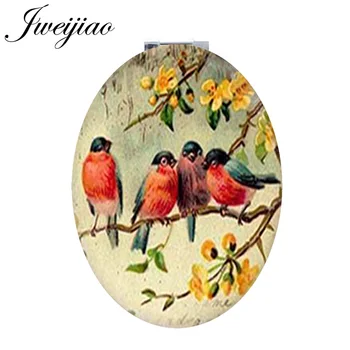 JWEIJIAO spalvingi paukščiai ant medžio šakos Mini Ovalo Nešiojamų veidrodis gamtos, gyvūnų, augalų odos kišenė veidrodis mergaitėms BP01