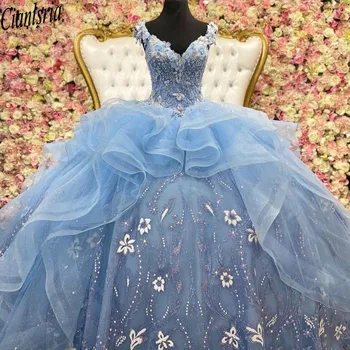 2022 Šviesiai Žydros Princesė Quinceanera Suknelę Off Peties Appliques Blizgančiais Gėlės Šalis Saldus 16 Suknelė Vestidos De 15 Años