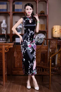 Šanchajaus Istoriją, tradicinę kinų ilgas berankovis Cheongsam suknelės Kinų suknelė povas spausdinti Qipao Suknelė 4 spalvos