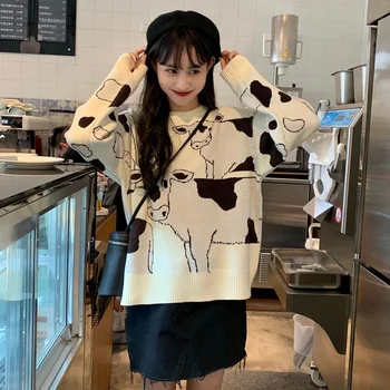 2021 Derliaus Atsitiktinis Palaidų Tingus Karvė Spausdinti Džemperis Moterims Japonijos Kawaii Mielas Megztiniai korėjos Harajuku Ulzzang Drabužiai moterims