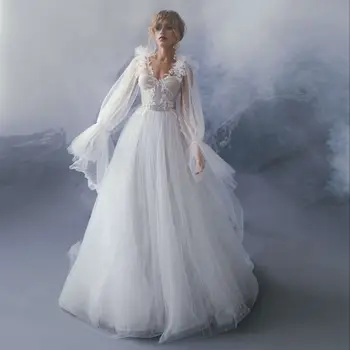 Tiulio Vestuvių Suknelė Nuimamas Iliuzija ilgomis Rankovėmis Nėriniai Atgal A-Line Bridal Suknelės Brides Elegantiška Suknelė Individualų SWD231