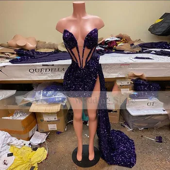 Seksualus Blizgančių Violetinė China Promenadzie Suknelė 2021 Užsakymą Afrikos Juodieji Mergina Trumpas Kokteilis Suknelė