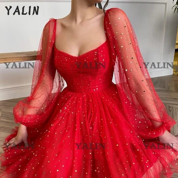 YALIN Elegantiškas Iliuzija ilgomis Rankovėmis Baigimo Suknelė Raudona Žvaigždėtą Tiulio Trumpas Prom Dress Mini Backless Homecoming Suknelė Užsakymą 2022