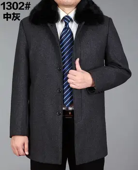Vilnos paltai mens vidutinio ilgio tranšėjos paltai vyrų vyresnio amžiaus sustorėjimas rudens ir žiemos nuimamais kailių apykaklės viršutiniai drabužiai, juoda pilka