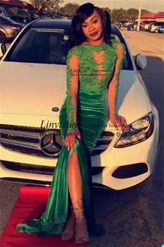 Aso Ebi Afrikos Undinė Vakarinę Suknelę Veliūras Aplikacijos Žalia Keltas Suknelės Ilgomis Rankovėmis Plius Dydis Teismas Traukinio Oficialią Šalies Chalatai