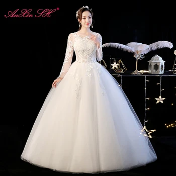 AnXin SH derliaus princesė nėrinių vestuvių suknelė prabanga, o kaklo iliuzija ilgomis rankovėmis šalies kamuolys suknelė balta gėlė vestuvinė suknelė