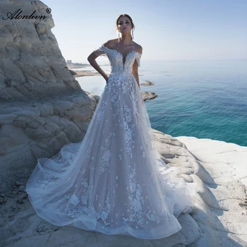 Alonlivn Prabangus Paplūdimio Vestuvių Suknelė Brangioji Off Peties Duobute 3D Appliques Su Kutai Vestuvinės Suknelės
