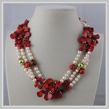 Unikalus Perlų, juvelyrinių dirbinių Parduotuvę 3 eilėmis Sėkmės Raudonos Spalvos Koralai Baltos spalvos Natūralių Gėlavandenių Perlų Vėrinį,Žavinga Moteris Šalis Dovana