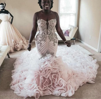 Naujas Blush Pink Kalnų Krištolas Undinė Vestuvių Suknelės 2020 Ruffles Pakopų Ilgai Traukinio Afrikos Vestuvinės Suknelės Viskas Vestido De Noiva