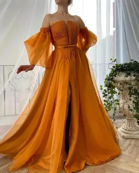 Naujas Organza Tiulio Ilgai arabų Eveing Suknelės 2021 nuo Peties Lydinio Orange Puoštas Padalinta Prom Šalis Suknelė Vestidos De Šventė