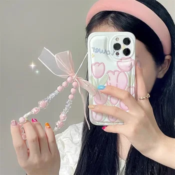 Korėjiečių Meno Tulip Gėlių 3D Lankas Virvelę Telefono dėklas 