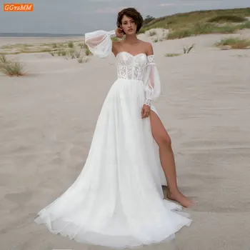 Bohemijos Balta Vestuvinė Suknelė Nuimamas Ilgomis Rankovėmis Vestuvinės Suknelės Linijos Tiulio Vestido De Noiva Princesa Nėrinių Aplikacijos Trouwjurk