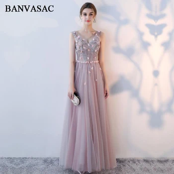 BANVASAC 2018 Duobute V Kaklo Gėlės Appliques Varčios Linijos Ilgos vakarinės Suknelės Nėriniai Siuvinėjimo Backless Šalies Prom Chalatai