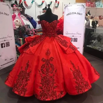 Spalvingas Raudona Blizgučiai Princesė Quinceanera Suknelės Pakopų Nėrinių Appliques Satino Saldus 16 Formales Chalatai Vestidos De 15 Años 2021