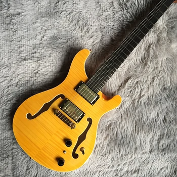 Naujas Aukštos Kokybės 6 Stygos elektrine Gitara, Geltona Tuščiavidurio Kūno Gitara 2H Paėmimas Aukso Aparatūros Raudonmedžio Kūno Raudonmedžio Fingerboard