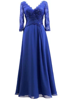 Oficialus nuotaka yra mano mamos suknelė su V-kaklo, 3/4 rankovės blue elegantiškas plius dydis ilgas mop ilgis oficialų vakarinę suknelę šalis suknelė