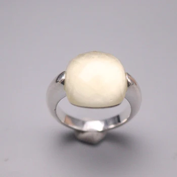 S925 Sterlingas Sidabro Žiedas Baltas Kvarcas Diamond-cut Aikštėje Pagalvėlė Žiedas US7 14mmW Fine Jewelry