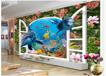 3d 3d tapetai freskomis tapetų sienos, 3 d delfinai povandeninio pasaulio, žuvų nustatymas sienos gėlės miegamojo tapetai apdaila