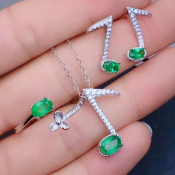 Boutique papuošalus 925 gryno sidabro gamtos smaragdas moterų Papuošalų Rinkinys Žiedas + Pakabukas + Auskarai 3 dalių komplektas.