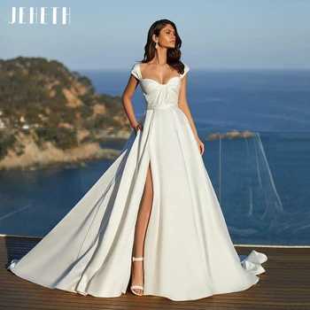Satino Paprastas Vestuvių Suknelės Moterims 2022 Klostyti Dizaino Linijos, Paplūdimio Su Kišenėmis Pusės Split Vestuvinės Suknelės Vestido de novia