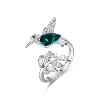 Vestuviniai Žiedai Madinga Papuošalai Dovana 925 Sterlingas Sidabro Hummingbird Reguliuojamas Žiedas skirta Moterims su Žaliosios Austrijos Kristalų Prabanga