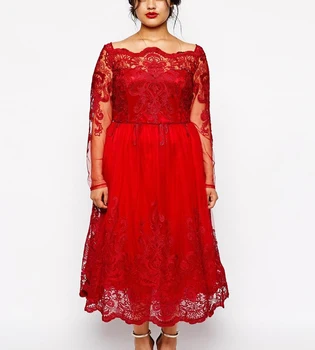 Plius Dydžio Raudonos Spalvos Trumpą Vakarinę Suknelę 2022 Ilgomis Rankovėmis Arbata Ilgis Nėrinių Prom Dresses Elegantiškas Naktį Šalies Chalatas De Soirée De Mariage