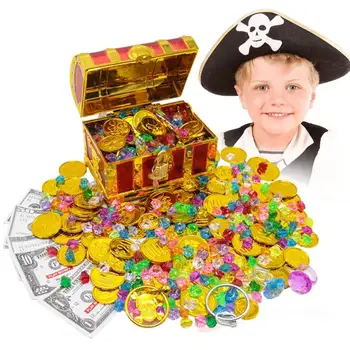 Lobis Langelyje Aukso Padirbtų Monetų Lobis Langelyje Žaislai Su Gem Aukso Monetų, Papuošalų, Žaislų Rinkinys Piratų Vaidmenų Žaidimas Lobių Medžioklės Žaidimas