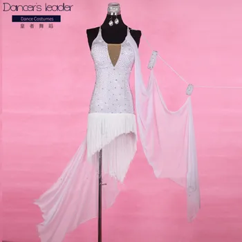 Naujas lotynų Šokių Suknelė Konkurencijos Dress Kostiumai Sijonas Atlikti Suknelė Kutas Cirkonio Suaugusiųjų Pritaikyti Vaikams Balta V-kaklo