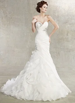 nemokamas pristatymas 2019 nekilnojamojo balta undinėlės uodegos Naujas Brangioji Undinė Organza Raukiniai Krištolo Karoliukais Nuotakos suknelė bridesmaid dresses