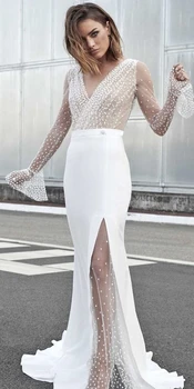 Nėriniai Vestuvių Suknelė 2023 ilgomis Rankovėmis V-kaklo, Boho Vestuvinės Suknelės Satino Iliuzija Atgal Balta Vestido De Noiva Plius Dydis, pagaminti pagal Užsakymą,