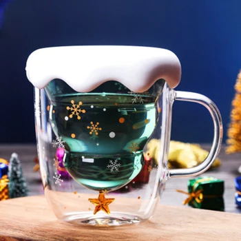 Dvigubo Sluoksnio Stiklo Taurės 2022 Kalėdų Eglutė Kavos Puodelis Kūrybos 3D Skaidrus Mielas Puodelis Kokteilis Stiklo Su Dangčiu Arbatos Puodelio Dovanos
