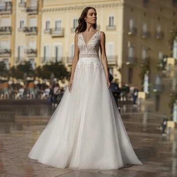 2021 Naujo Dizaino Boho Vestuvių Suknelės V Kaklo Aplikacijos Linijos, Chalatas De Mariée Atvira Nugara Paplūdimio Bohemijos Vestuvinės Suknelės