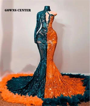 Kontrasto Spalvų Blizgučiais Nėrinių Prom Dresses Orange Prabanga Chalatai Elegantiška Suknelė Vestuves Undinė Juoda Merginos Vakare Chalatai