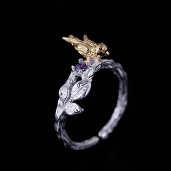 S925 Sterlingas Sidabro Atidaryti žiedas Derliaus Asmeninį filialas spalvų atskyrimas paukščių reguliuojamas inkrustacijos violetinė crystal Gyvūnų Phoenix