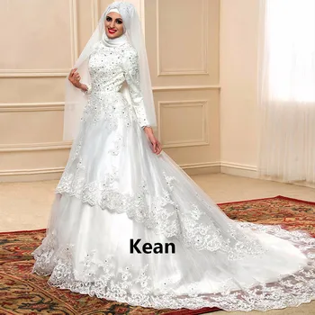 Nėriniai Musulmonų Vestuvių Suknelė Aplikacijos Visą Rankovės Šalikas Pynimas Teismas Traukinio Dubajus Arabų Chalatas De Mariee Užsakymą Pagaminti Naują Atvykimo
