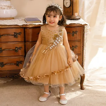 Baby Girl Dress 6M - 4YearsBirthday Suknelės kūdikiams Perlų Rankų darbo Gėlės Vestido Aukso Vakaro Suknelės, Šaliai