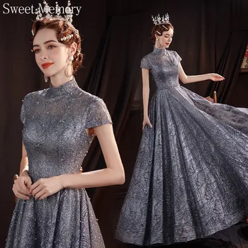 J7163 Elegantiškas Ilgą Vakarinę Suknelę Lady Princesė Aukšto Kaklo Trumpomis Rankovėmis Lentjuostės Vestuvės Dress Senovinių Nėrinių Oficialų Suknelė