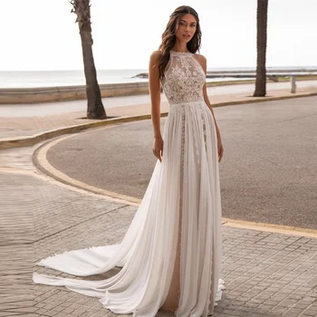 Bohemijos Boho Vestuvių Suknelės 2021 Nėriniais, Šifono Rankovių Nuotakos Suknelė Backless Valymo Traukinio Paplūdimio Vestuvių Suknelės Chalatas De Mariee