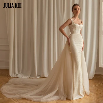 Julija Kui Elegantiškas Nėrinių 2 In 1 Undinė Vestuvių Suknelės Spagečiai Dirželiai Backless Trimitas Vestuvinės Suknelės