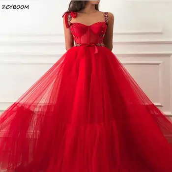 2022 Raudona Prabanga Spagečiai Dirželiai Gėlių Kristalų Grindų Ilgis Tiulio-Line Prom Dresses Ilgai Promenadzie Suknelė Vakaro Suknelės Moterims