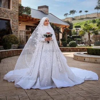 Nėriniai Musulmonų Vestuvių Suknelės Aukšto Kaklo Appliqued Ilgomis Rankovėmis A-Line Bridal Suknelės Valymo Traukinio Vestidos De Casamento Para Mulheres