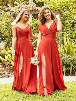 Moterų V-Kaklo Bridesmaid, Suknelės, Vestuvių Ilgai-Line Šifono Oficialų Suknelė su Rankovėmis