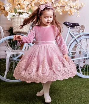 Princesė Rausva Ilgomis Rankovėmis Gimtadienio Nėrinių Suknelė Aksominė Gėlių Mergaitės Suknelė Vaikas Audinio Fotografija