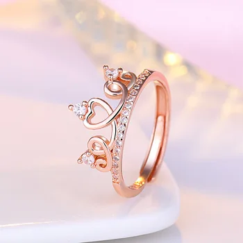 Paprastas Elegantiškas Karūnos Forma Piršto Žiedai Blizga Crystal Rose Gold Mielas Atidarymo Žiedas Juosta Moterų Vestuvinis Žiedas Ir Vestuvių Papuošalai