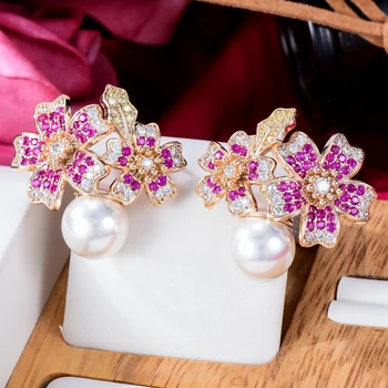 Siscathy Prabangių Gėlių Kubinis Cirkonis Perlas Lašas Auskarai Moterims Vestuves Jubiliejus Fine Jewelry pendientes mujer moda