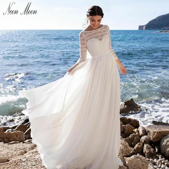 Romantiška Vestuvių Suknelė iki 2022 m. Moterų, O-kaklo Nėrinių Nuotakos Suknelė Iliuzija ilgomis Rankovėmis Backless Paplūdimio Vestuvių Suknelė Vestido De Novia