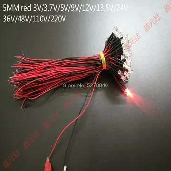 5MM raudona Lempa granulių 3V), 3,7 V 5V 9V 12V 13.5 V 24V 36V 48V 110V, 220V Jungtis viela pažymėtą lemputė 10vnt/daug