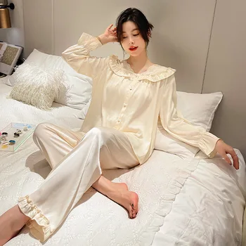 Naujas moterų pižama ledo šilko ilgomis rankovėmis kelnės palace stiliaus loungewear dviejų dalių komplektas vasarai