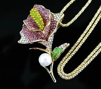 TianBo Nemokamas pristatymas moterų prabangus Visiškai kristalų opal tulip flower pendant gyvatė grandinės ilgio karoliai, papuošalai, Nuotakos aksesuaras